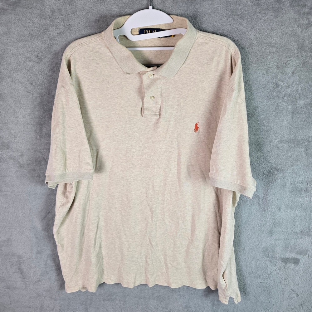 Polo Ralph Lauren Men XL Oatmeal Beige Short Sleeve Cotton Polo Orange Pony Logo